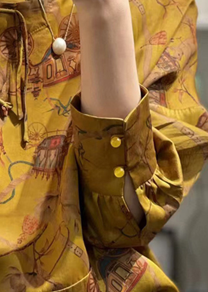 Yellow Button Print Silk Shirt Fall