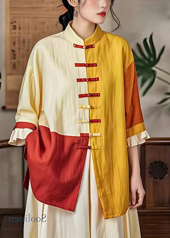 Yellow Chinese Button Patchwork Linen Top Summer