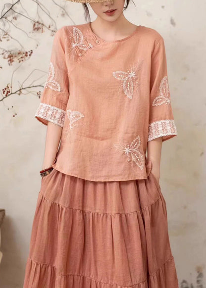 Yellow Embroidered Nail Bead Linen Shirt Summer