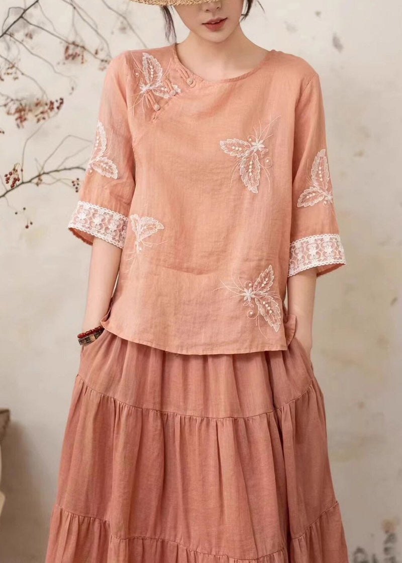 Yellow Embroidered Nail Bead Linen Shirt Summer