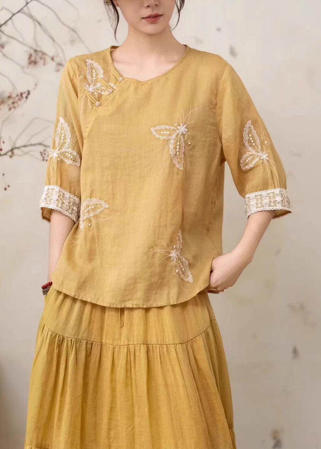 Yellow Embroidered Nail Bead Linen Shirt Summer