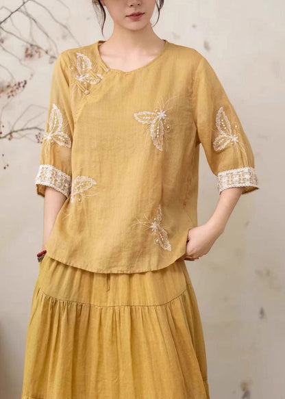 Yellow Embroidered Nail Bead Linen Shirt Summer