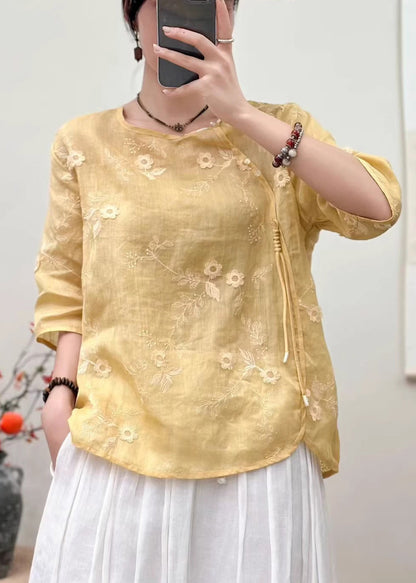 Yellow Embroidered Tasseled Linen Shirts Summer