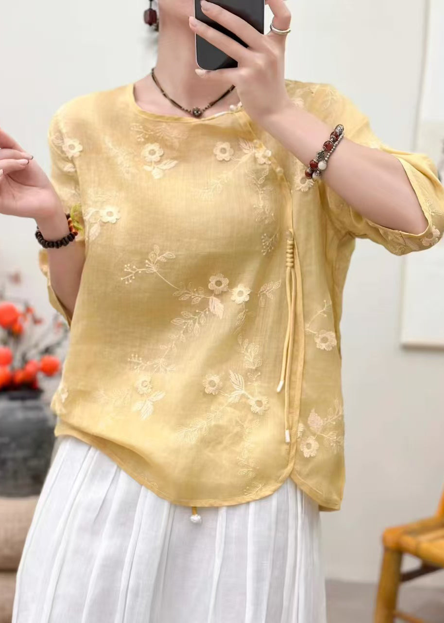 Yellow Embroidered Tasseled Linen Shirts Summer