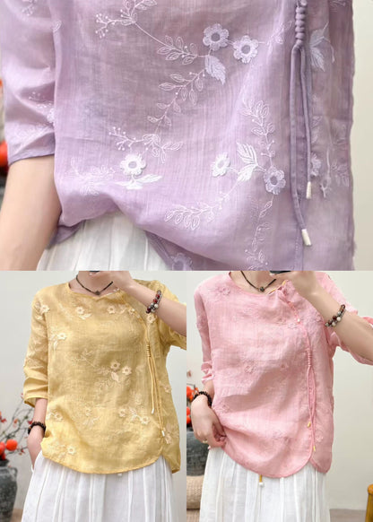 Yellow Embroidered Tasseled Linen Shirts Summer