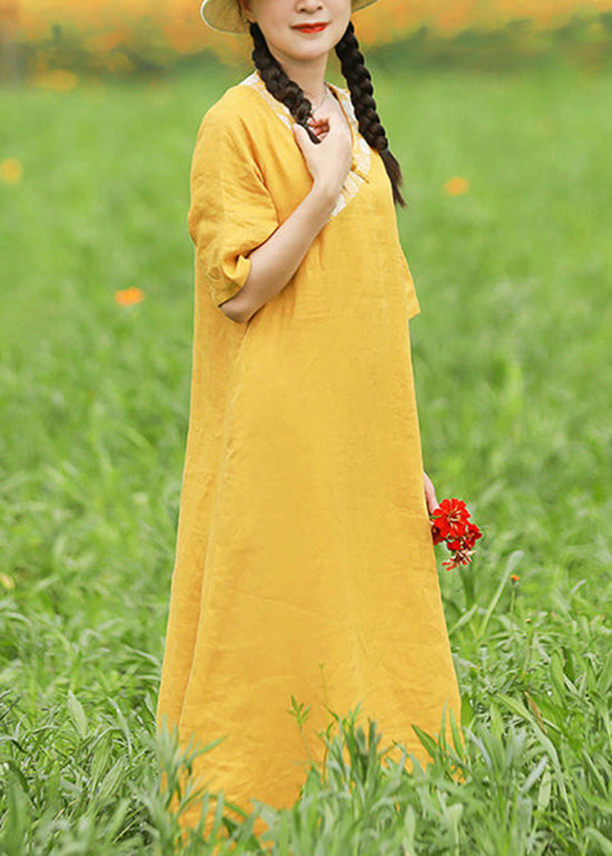 Yellow Embroideried V Neck Linen Vacation Dresses Short Sleeve