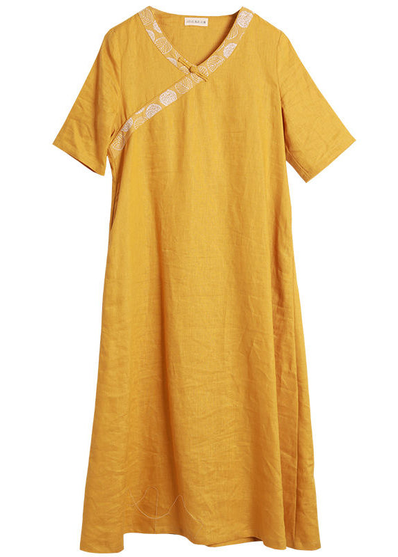 Yellow Embroideried V Neck Linen Vacation Dresses Short Sleeve