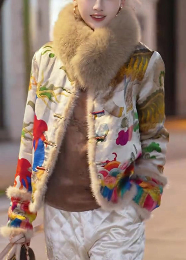 Yellow Fur Collar Embroidered Fine Cotton Filled Jacket Winter