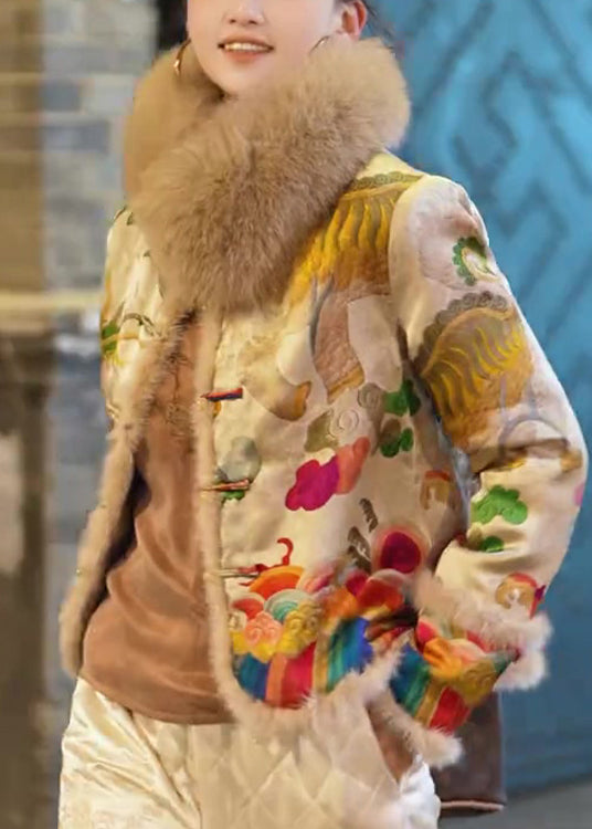 Yellow Fur Collar Embroidered Fine Cotton Filled Jacket Winter
