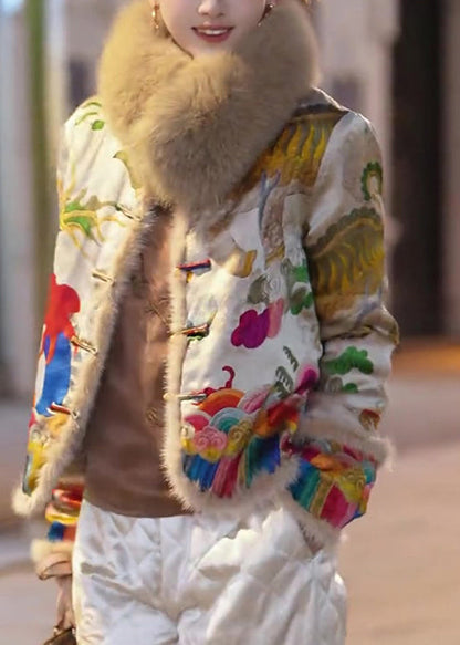 Yellow Fur Collar Embroidered Fine Cotton Filled Jacket Winter