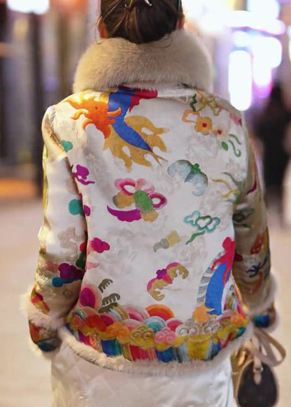 Yellow Fur Collar Embroidered Fine Cotton Filled Jacket Winter