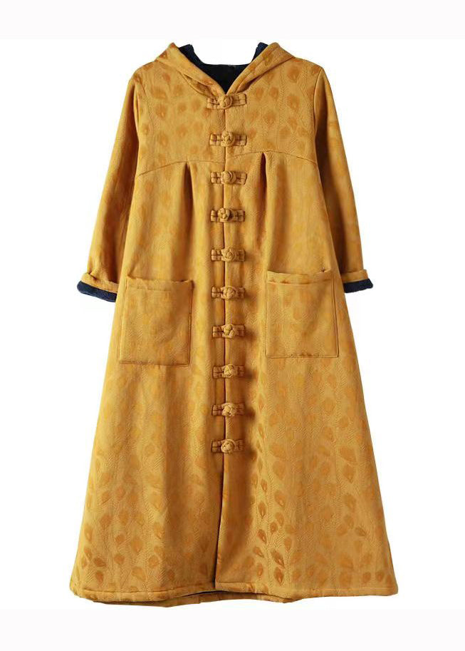 Yellow Hooded Pockets Button Patchwork Warm Fleece Trench Winter