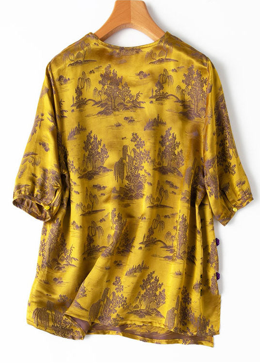 Yellow Printing Side Open Draping Silk Shirt Tops Short Sleeve