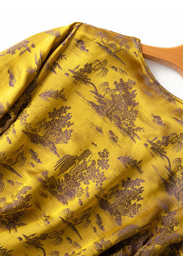Yellow Printing Side Open Draping Silk Shirt Tops Short Sleeve