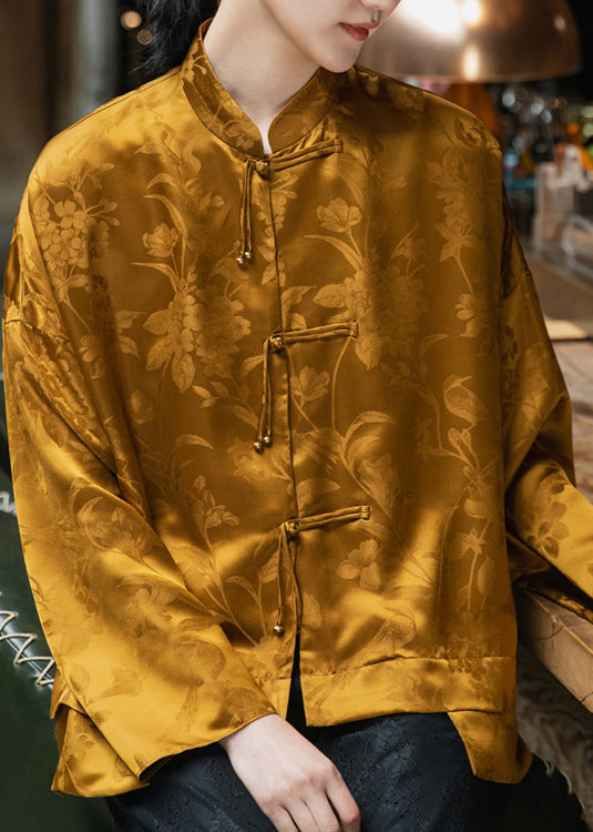 Yellow Mandarin Collar Button Asymmetrical Design Jacquard Silk Top Long Sleeve