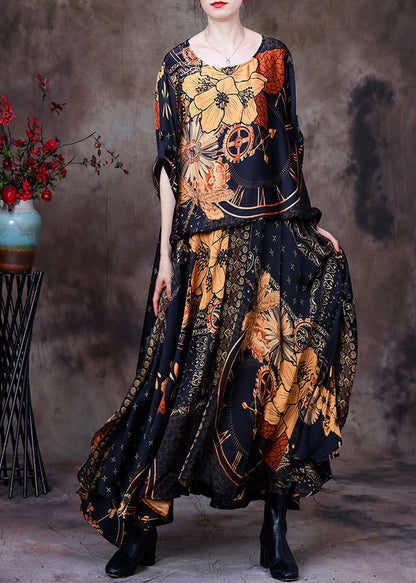 Yellow O-neck Asymmetrical Print Fake Two Pieces Silk Maxi Dress Long Sleeve