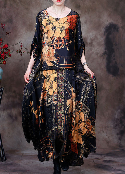 Yellow O-neck Asymmetrical Print Fake Two Pieces Silk Maxi Dress Long Sleeve