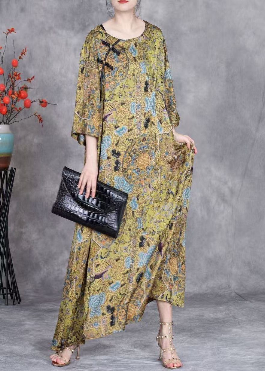 Yellow O Neck Button Print Silk Long Dresses Bracelet Sleeve