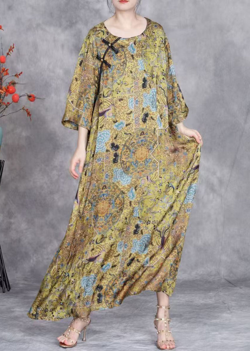 Yellow O Neck Button Print Silk Long Dresses Bracelet Sleeve