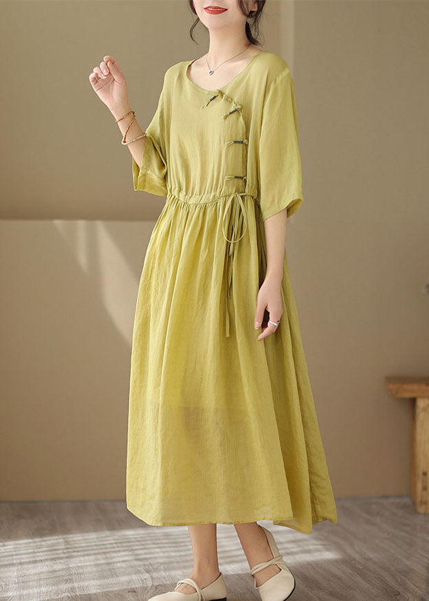 Yellow O Neck Chinese Button Patchwork Cotton Dresses Summer
