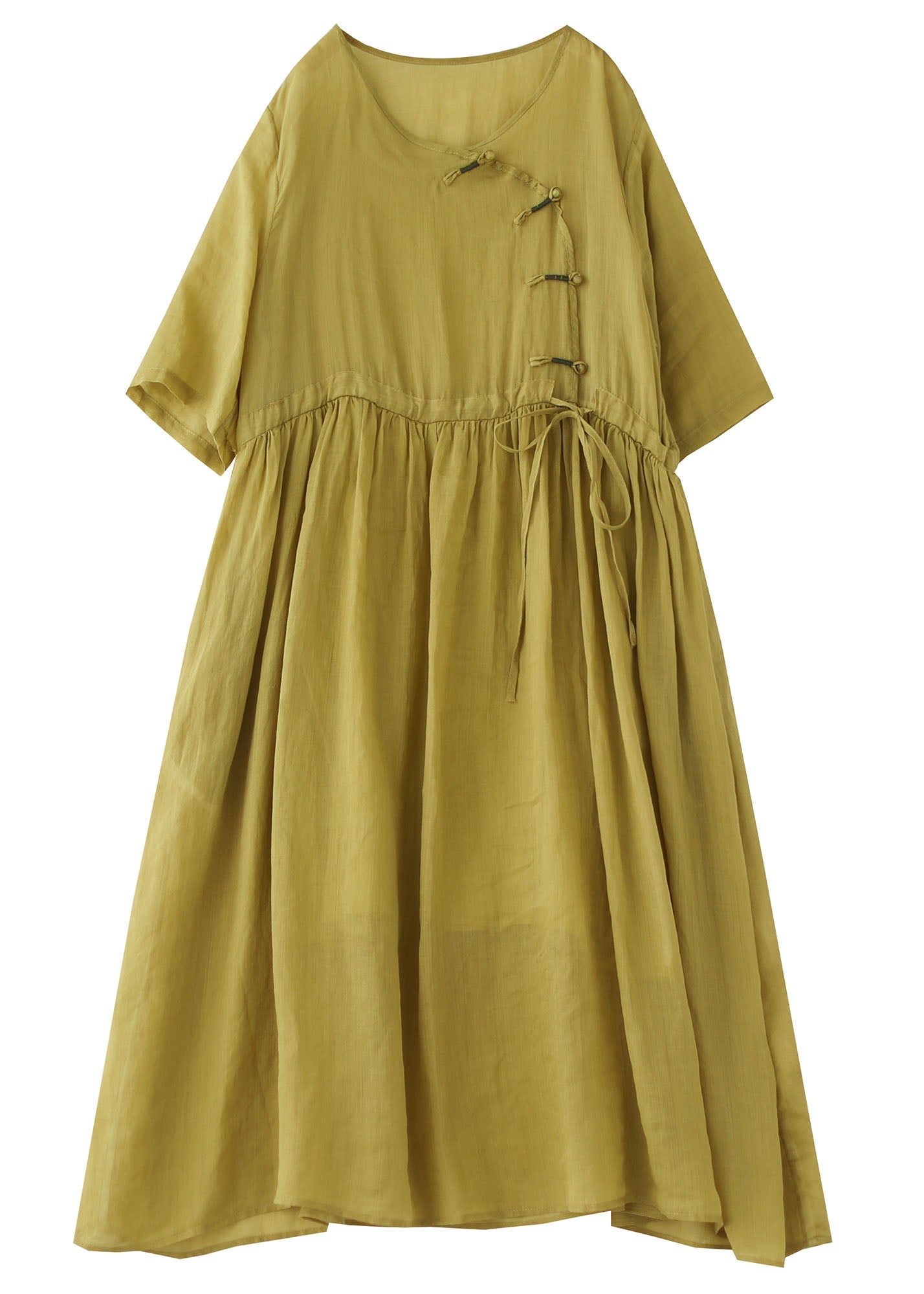 Yellow O Neck Chinese Button Patchwork Cotton Dresses Summer