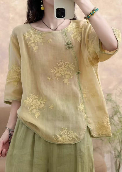 Yellow O Neck Embroidered Linen Top Summer