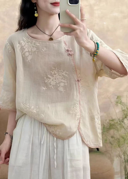 Yellow O Neck Embroidered Linen Top Summer