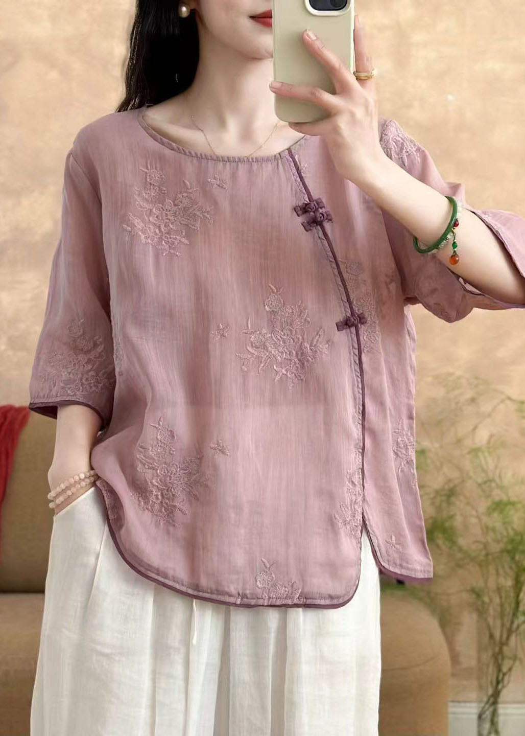 Yellow O Neck Embroidered Linen Top Summer
