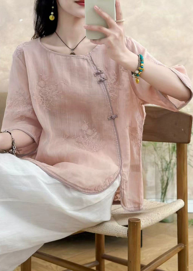 Yellow O Neck Embroidered Linen Top Summer
