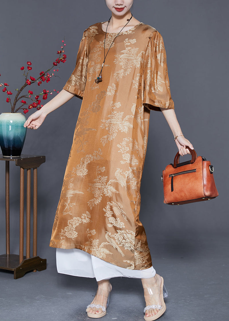 Yellow O-neck Jacquard Silk Long Dresses Summer