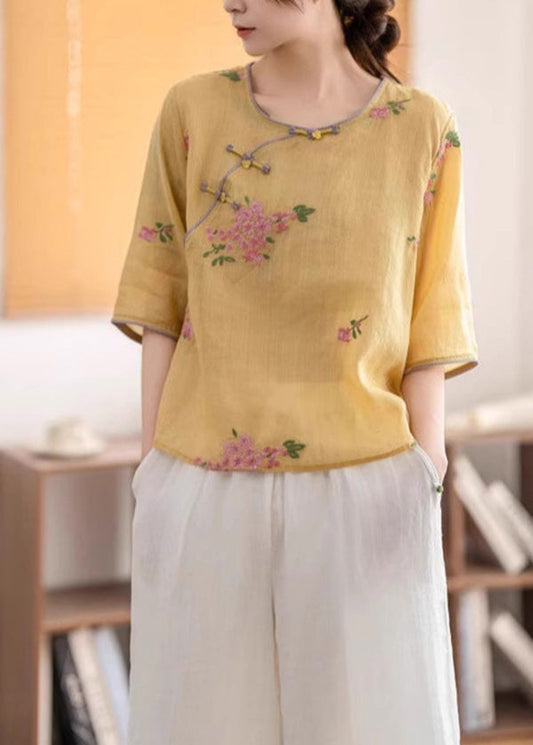 Yellow O Neck Oriental Button Linen Shirt Summer