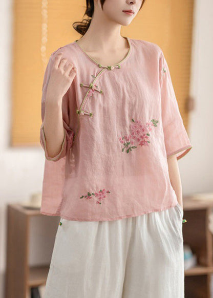 Yellow O Neck Oriental Button Linen Shirt Summer
