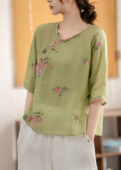 Yellow O Neck Oriental Button Linen Shirt Summer