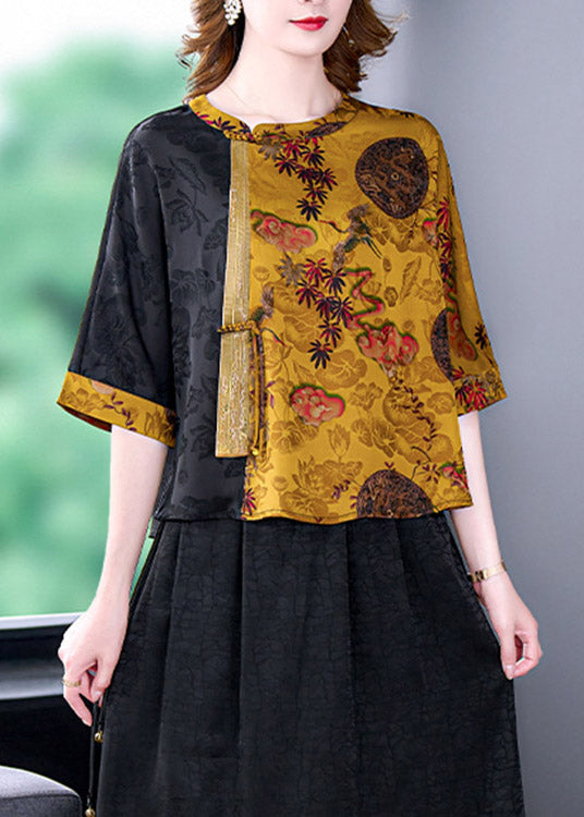 Yellow O-neck Print Button Tops Bracelet Sleeve