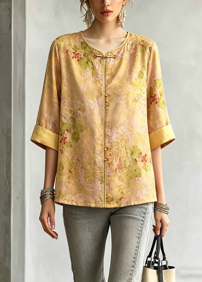 Vintage Yellow O-Neck Print Shirt Three Quarter Sleeve