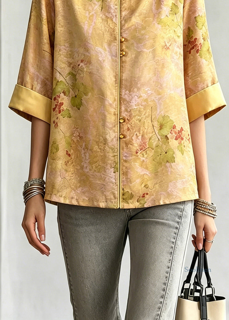 Yellow O-neck Print Shirt Three Quarter Sleeve