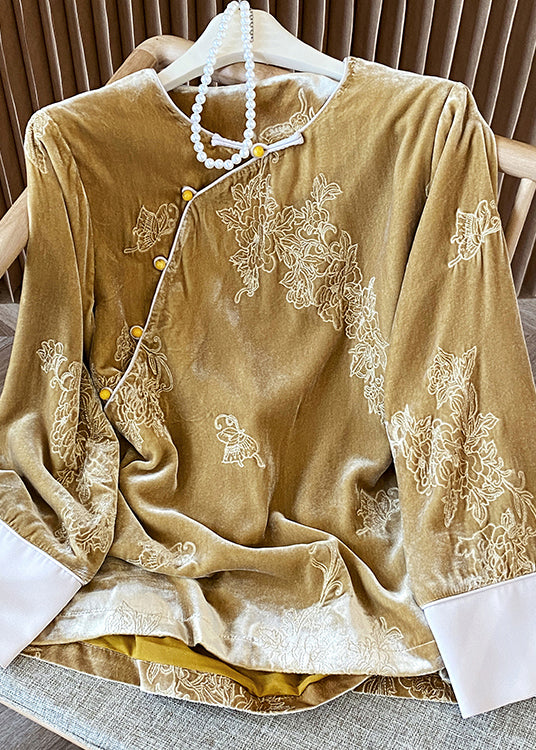 Yellow Oriental Button Jacquard Velour Shirt Top Spring