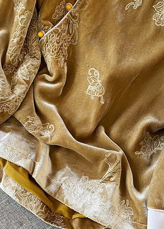 Yellow Oriental Button Jacquard Velour Shirt Top Spring