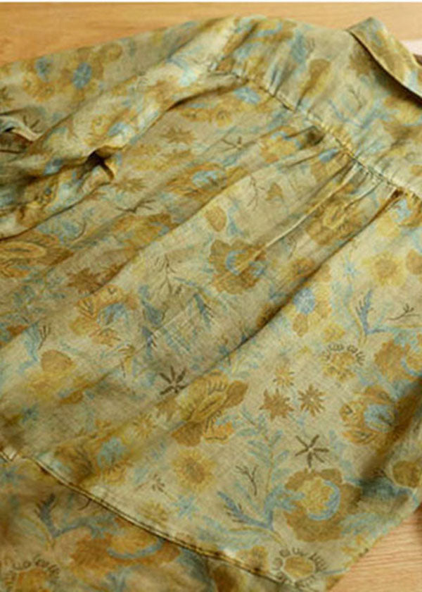 Yellow Peter Pan Collar Print Button Linen Blouse Tops Short Sleeve