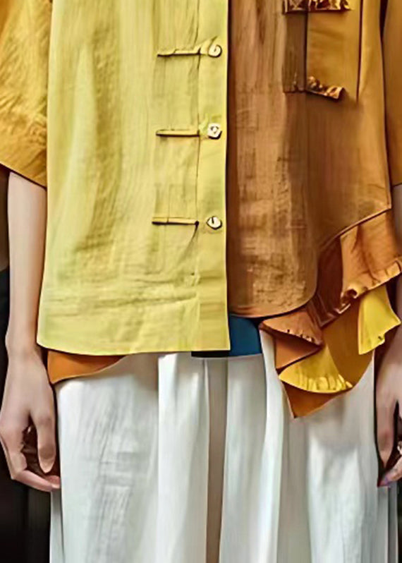 Yellow Peter Pan Collar Ruffled Patchwork Tops Half Sleeve