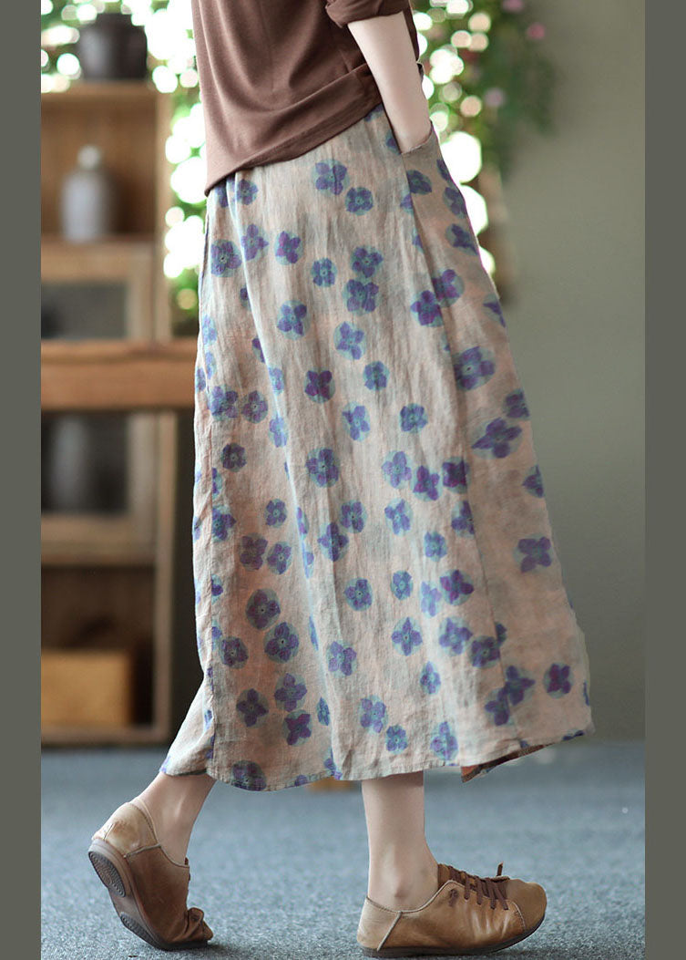 Yellow Pockets Print Linen a Line Skirts Summer