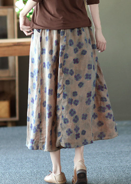 Yellow Pockets Print Linen a Line Skirts Summer