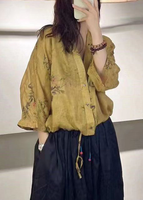 Yellow Print Button Laceup Linen Blouse Tops Fall