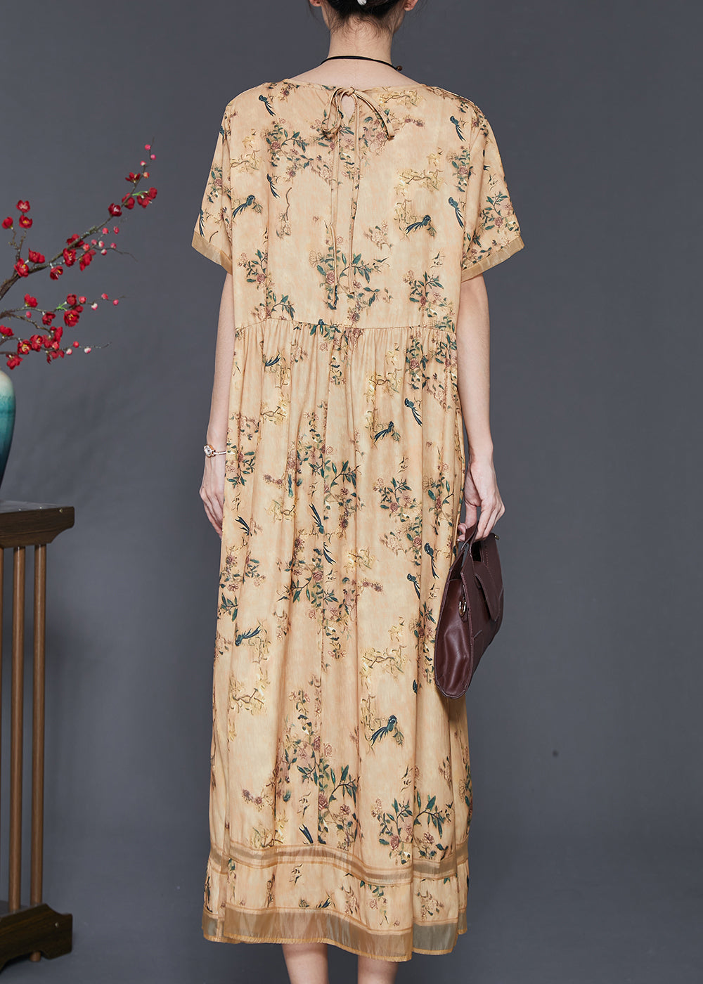 Yellow Print Exra Large Hem Silk Dresses Summer