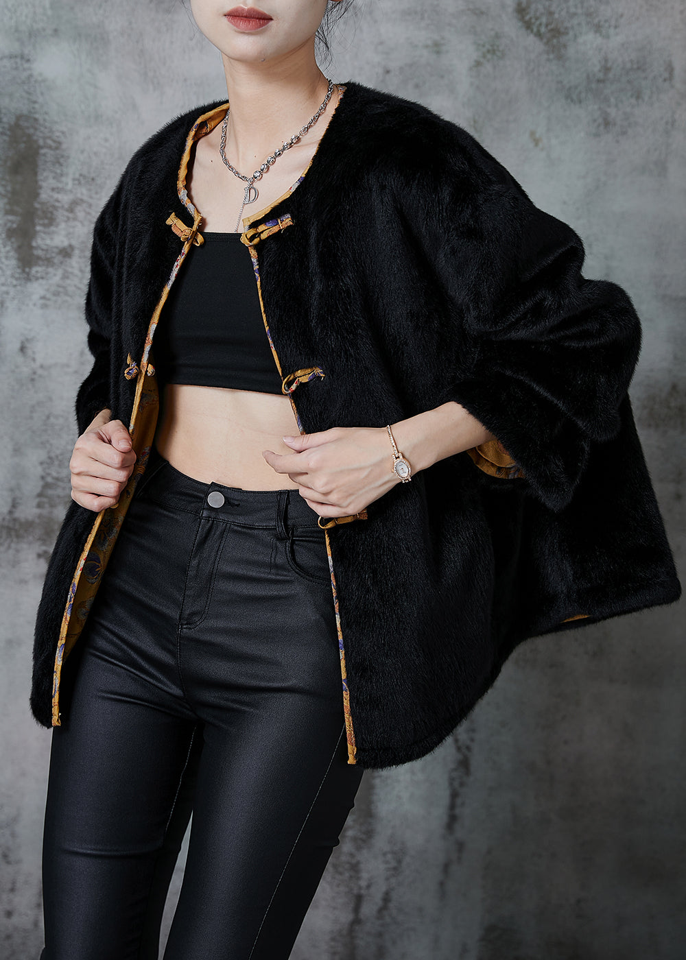Yellow Print Faux Mink Hair Wear on Both Sides Coats Spring