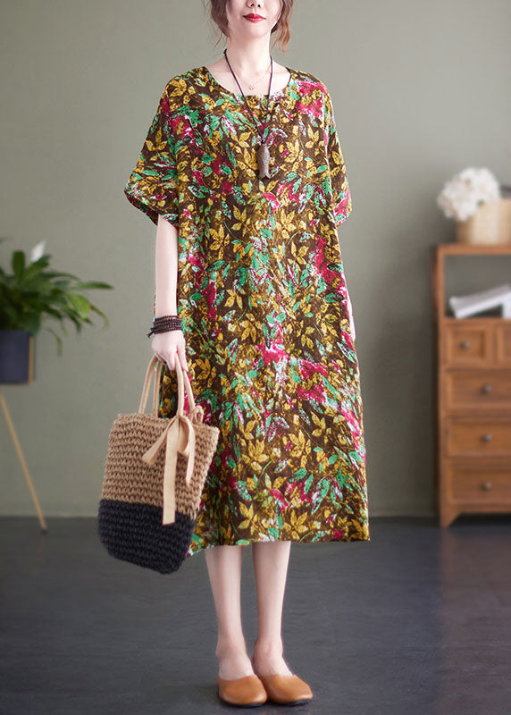 Yellow Print O-neck Cotton Long Dresses Short Sleeve