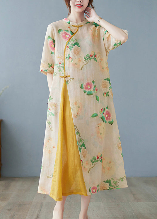 Yellow Print Patchwork Button Linen Long Dress Half Sleeve