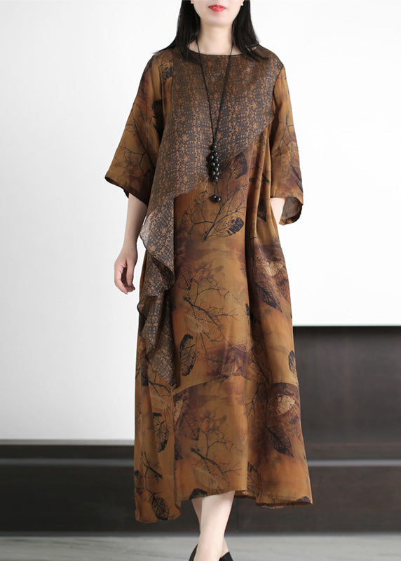 Yellow Print Patchwork Silk Maxi Dresses Spring