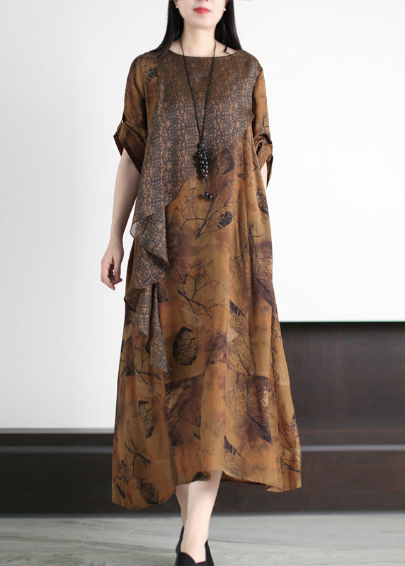 Yellow Print Patchwork Silk Maxi Dresses Spring