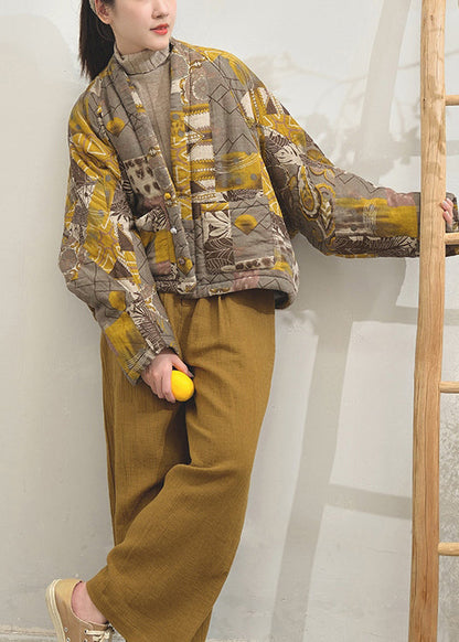 Yellow Print Pockets Patchwork Fine Cotton Filled Jackets Batwing Sleeve